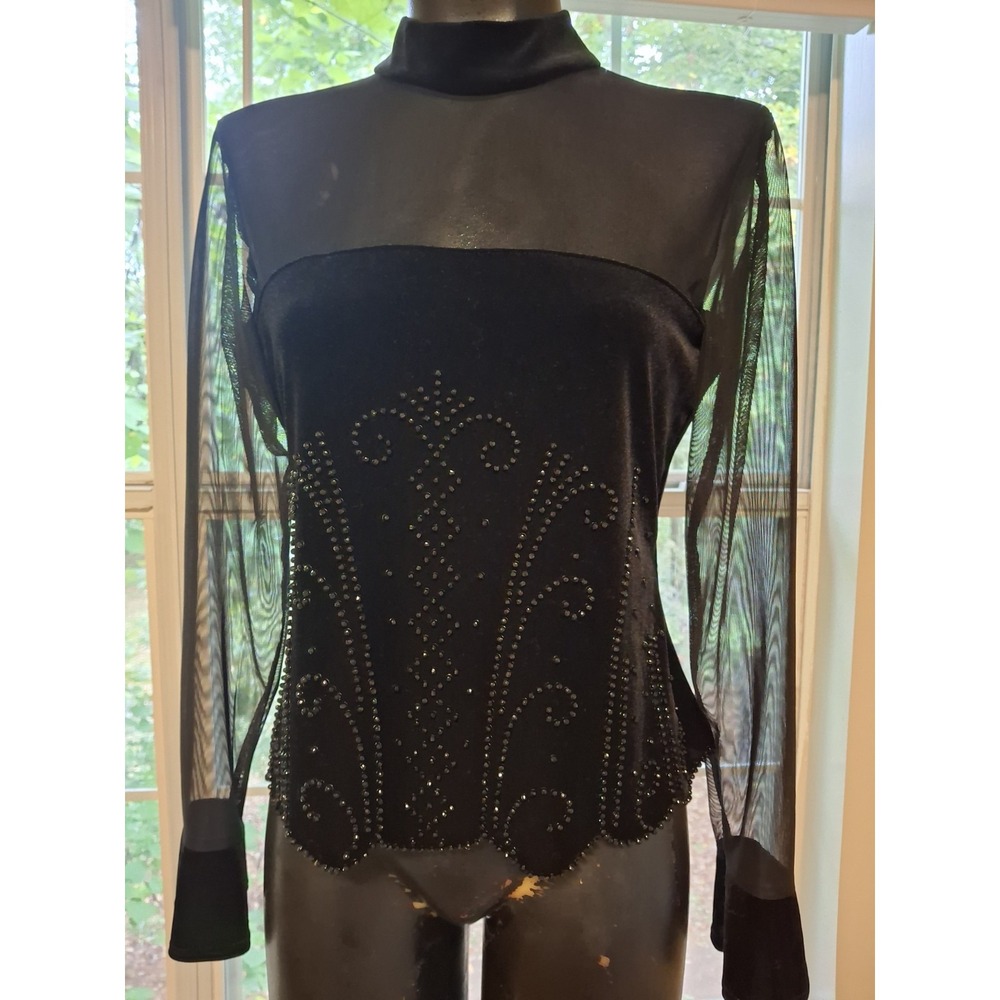 90s Vintage Gothic WhimsyGoth Black Velvet Beaded Blouse Size 8